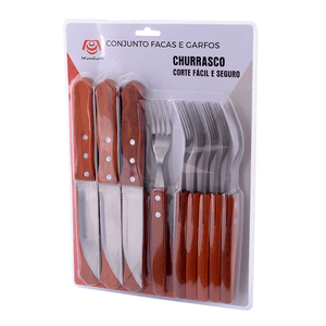 Faqueiro GZT para Churrasco 12 Peças, em Aço Carbono com Cabo de Madeira - BA0031