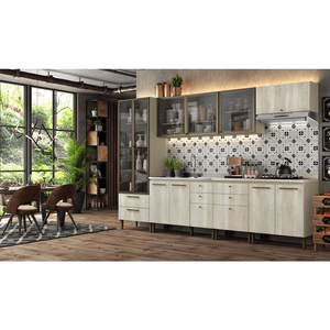 Cozinha Completa Modulada THB Lovely, 7 Peças, 3,31 Metros - Noce / Bianco / Vidro Fumê