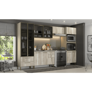 Cozinha Completa Modulada THB Lovely, 5 Peças, 3,42 Metros - Noce / Bianco / Vidro Fumê