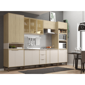 Cozinha Completa Modulada Móveis Sul Karine, 6 Peças, 3,40 Metros - Carvalho/Off White