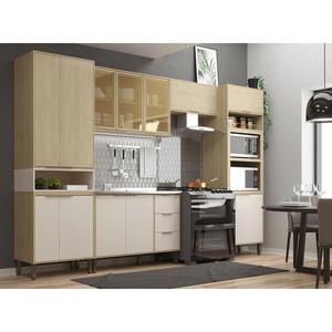 Cozinha Completa Modulada Móveis Sul Karine, 5 Peças, 3,40 Metros - Carvalho/Off White