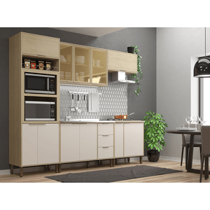 Cozinha Completa Modulada Móveis Sul Karine, 5 Peças, 2,70 Metros - Carvalho/Off White