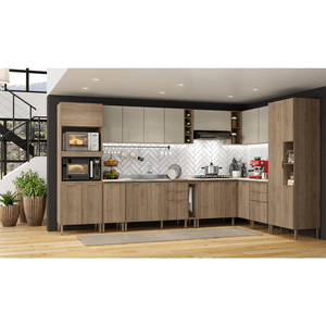 Cozinha Completa Modulada THB Personalité, 14 Peças, 3,84x2,25 Metros - Canela Bp / Noce Brilho