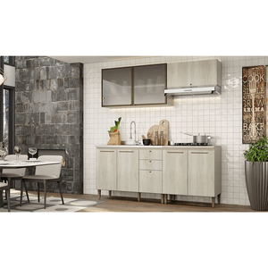 Cozinha Completa Modulada THB Lovely, 4 Peças, 2,71 Metros - Noce / Bianco / Vidro Fumê