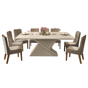 Conjunto Mesa com 8 Cadeiras DJ Tecido Veludo Kraft/Off White/Vidro Off White