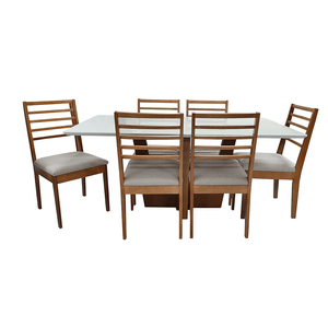 Conjunto Mesa com 6 Cadeiras Delazari Tecido 211/Imbuia/Vidro Branco