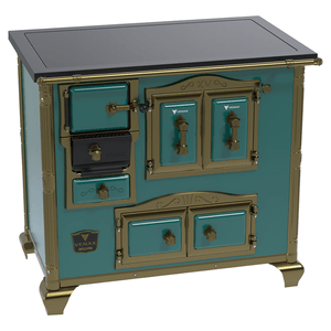 Fogão a Lenha Venax Nº2 Gabinete Imperador Premium Azul Turquesa com Chapa Vitrocerâmica - Chaminé Saída Lado Direito