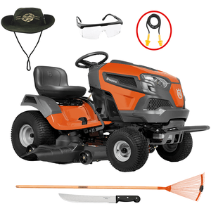 Kit com Trator Cortador de Grama Husqvarna Ts148, Diâmetro de Corte de 122cm + Chapéu/Óculos/Facão/Protetor Auricular/Vassoura