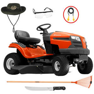 Kit com Trator Cortador de Grama Husqvarna Ts138l, Diâmetro de Corte de 97cm + Chapéu/Óculos/Facão/Protetor Auricular/Vassoura