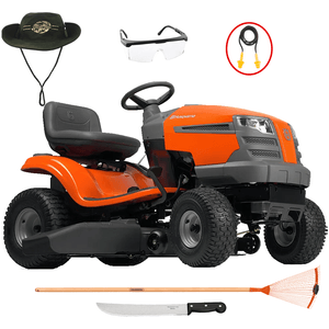 Kit com Trator Cortador de Grama Husqvarna Ts142, Diâmetro de Corte de 107cm + Chapéu/Óculos/Facão/Protetor Auricular/Vassoura/Óleo