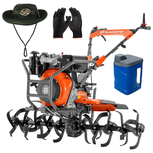 Kit com Motocultivador a Diesel Husqvarna Tf545, Partida Elétrica + Chapéu/Garrafão Térmico/Luva