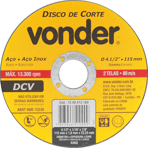 Disco De Corte Vonder 115mm, Furo 22,23mm, Dcv - 1240412160